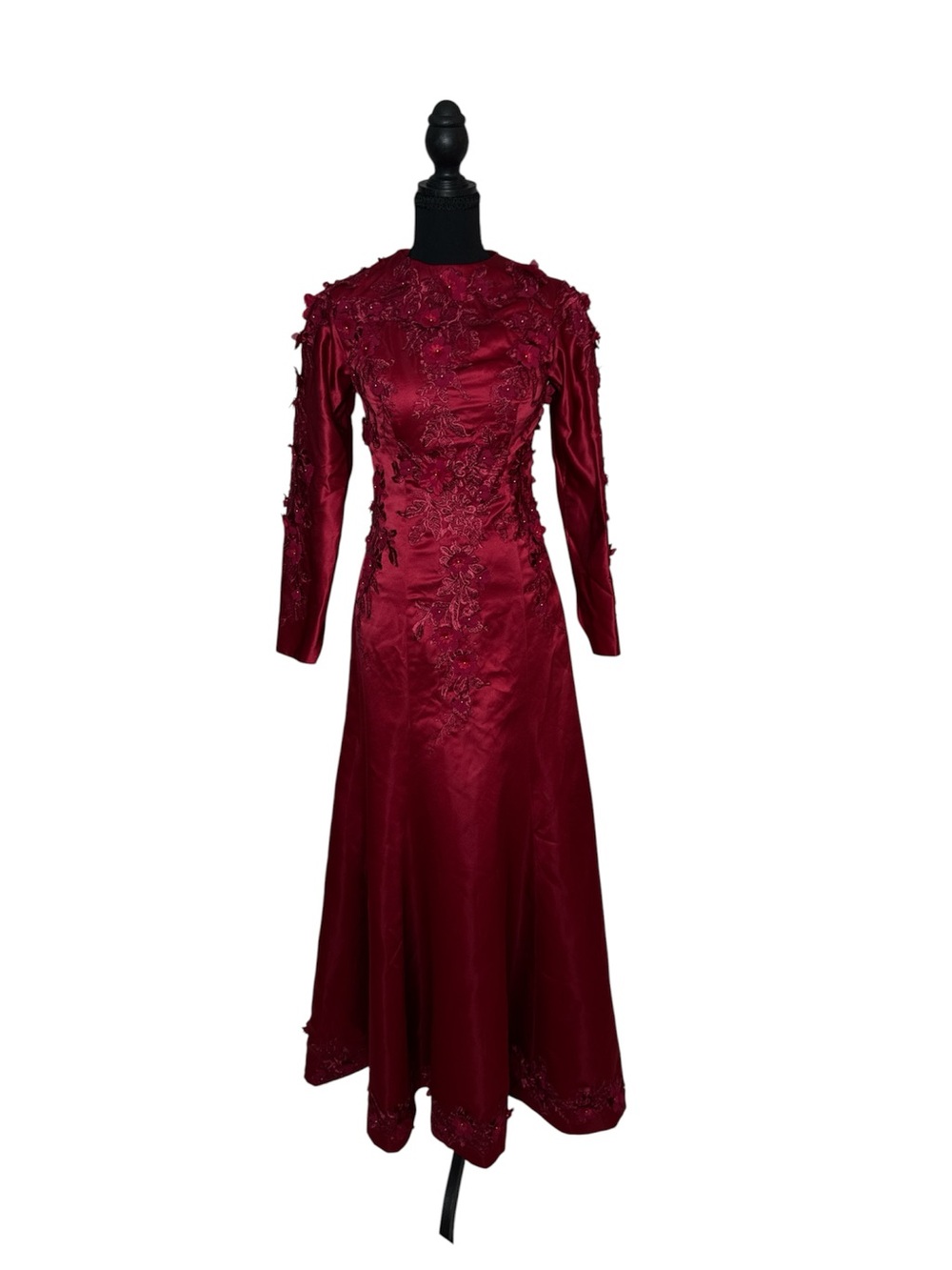 Floral Appliqué Burgundy Long Sleeve Evening Gown Formal Dress 2P Petite A-Line